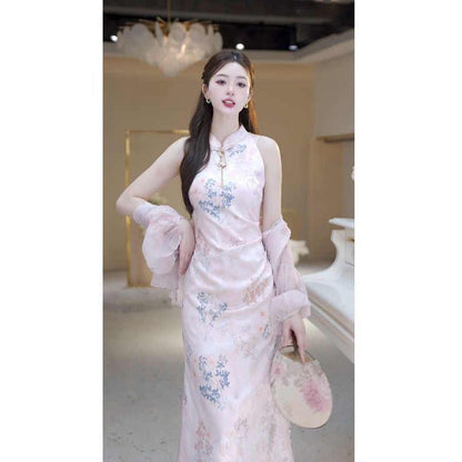Elegant Sleeveless Cheongsam Dress Set | Modern Chinese Style Floral Print & Waist-Defining Midi Dress