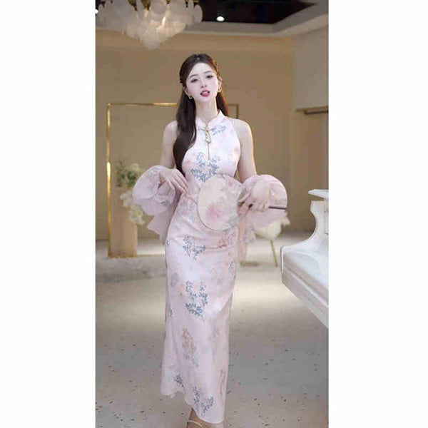 Elegant Sleeveless Cheongsam Dress Set | Modern Chinese Style Floral Print & Waist-Defining Midi Dress