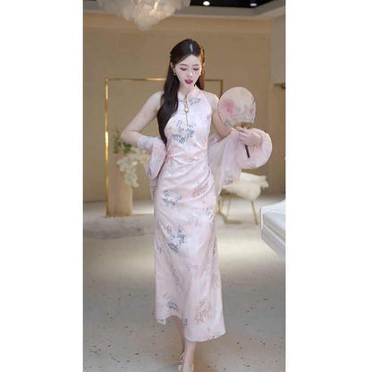 Elegant Sleeveless Cheongsam Dress Set | Modern Chinese Style Floral Print & Waist-Defining Midi Dress