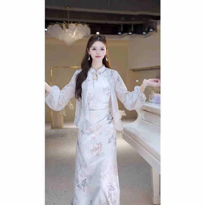 Elegant Sleeveless Cheongsam Dress Set | Modern Chinese Style Floral Print & Waist-Defining Midi Dress