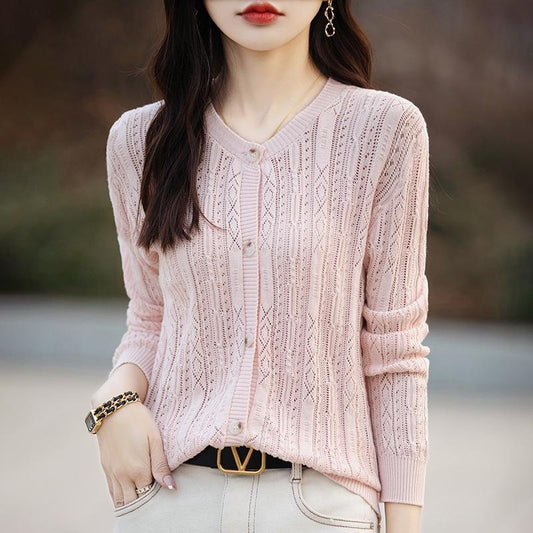 Lace-Knit Cotton Cardigan for Women: Flattering Crochet Open-Front Sweater