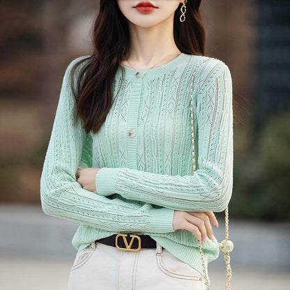 Lace-Knit Cotton Cardigan for Women: Flattering Crochet Open-Front Sweater