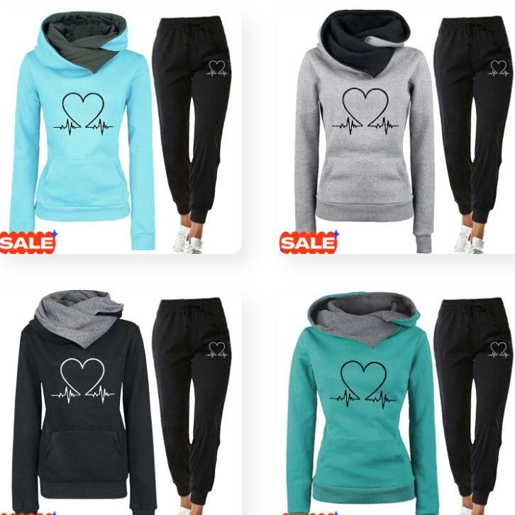 Heartbeat Print Hoodie and Jogger Set Women's Casual Sportswear