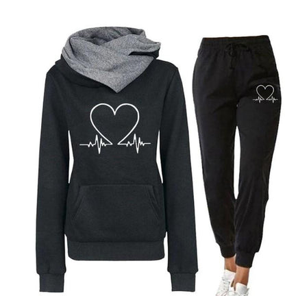 Heartbeat Print Hoodie and Jogger Set Women's Casual Sportswear