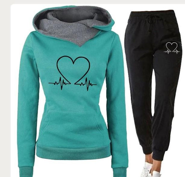 Heartbeat Print Hoodie and Jogger Set Women's Casual Sportswear