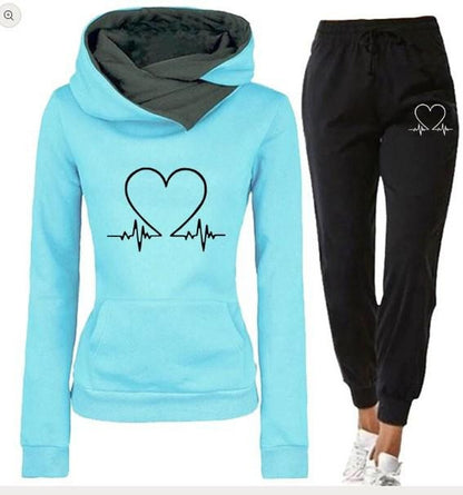 Heartbeat Print Hoodie and Jogger Set Women's Casual Sportswear