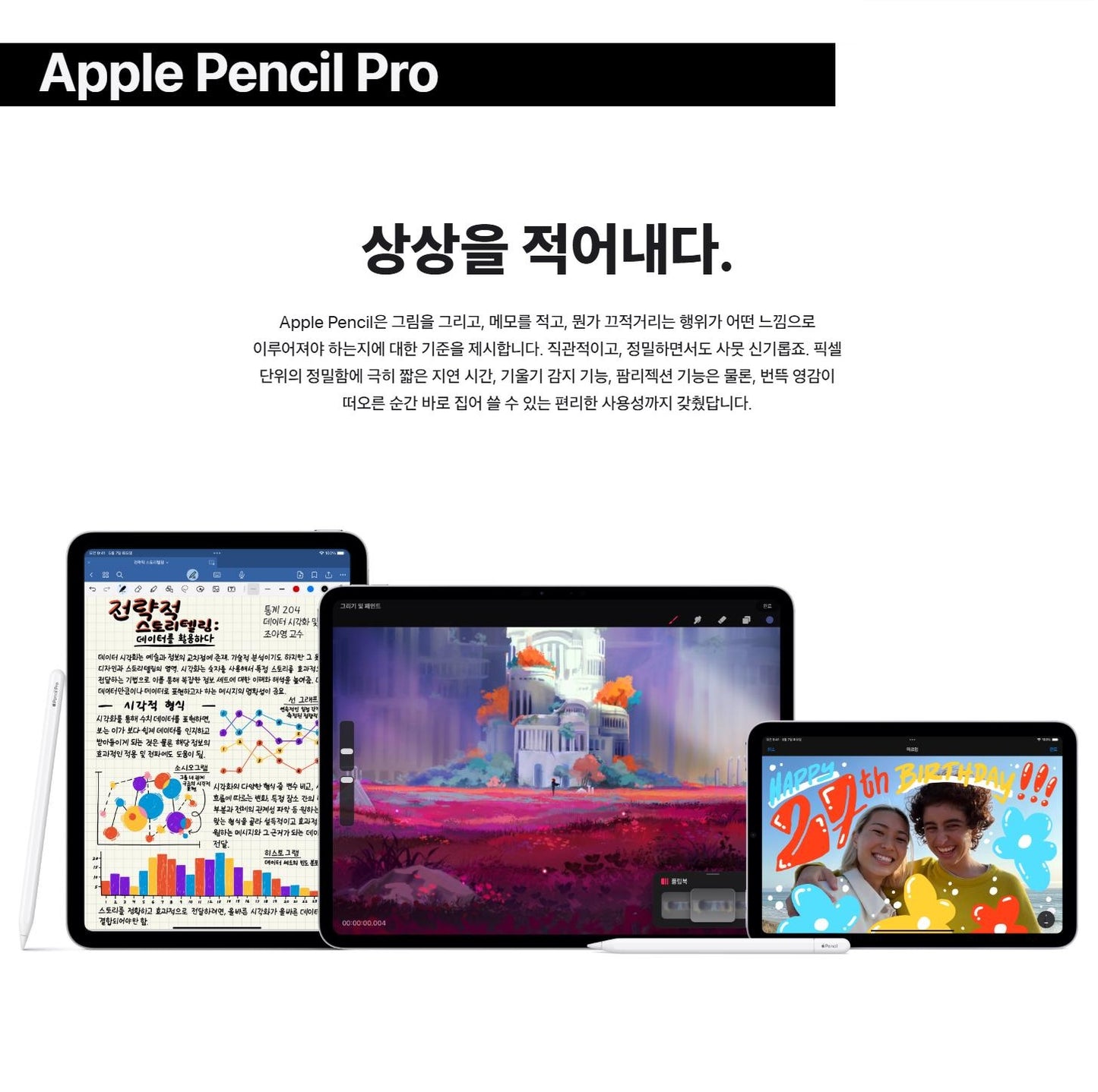 Apple pencil pro 정품 애플펜슬 프로 화이트 MX2D3 글로벌 버전 / 애플정품 / 국내 AS 가능