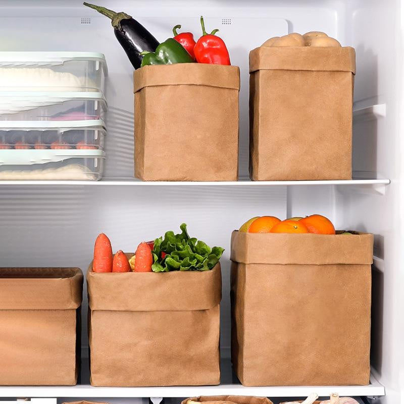 Washable Kraft Paper Storage Bags, Reusable Gift & Produce Bags with Square Bottom for Kitchen & Refrigerator Organization