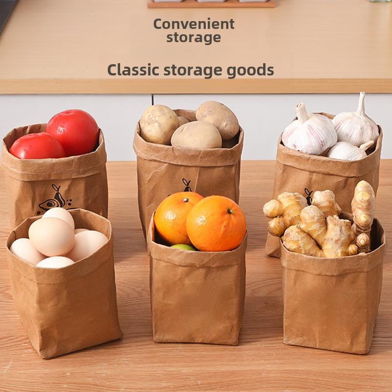 Washable Kraft Paper Storage Bags, Reusable Gift & Produce Bags with Square Bottom for Kitchen & Refrigerator Organization