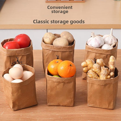 Washable Kraft Paper Storage Bags, Reusable Gift & Produce Bags with Square Bottom for Kitchen & Refrigerator Organization