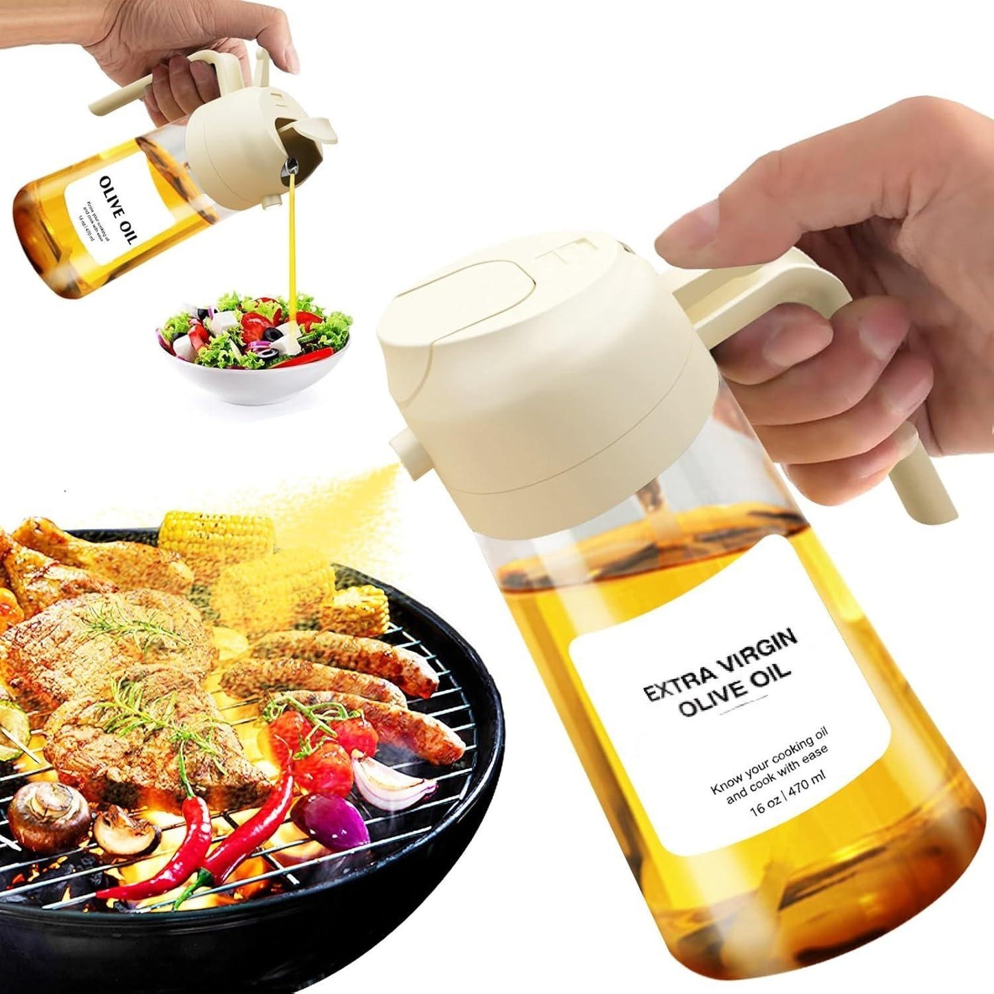 2-in-1 Kitchen Oil Sprayer & Pourer, Leak-Proof Glass Oil Dispenser Bottle with High Pressure Pump