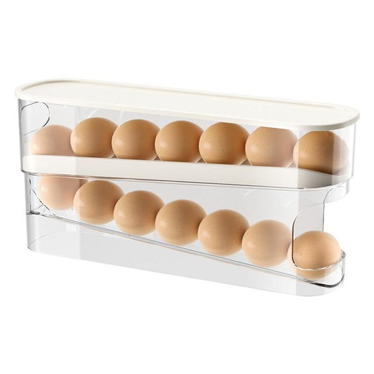 Food-Safe Refrigerator Egg Holder with Rolling Rack & Lid, Fridge Door Organizer for Kitchen Storage