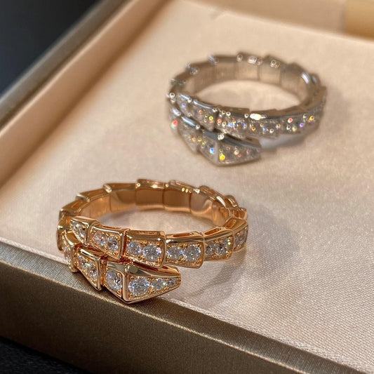 V-Gold Plated Snake Bone Ring with Genuine Mother-of-Pearl & Full Pavé Diamonds | Elegant Adjustable Statement Jewelry