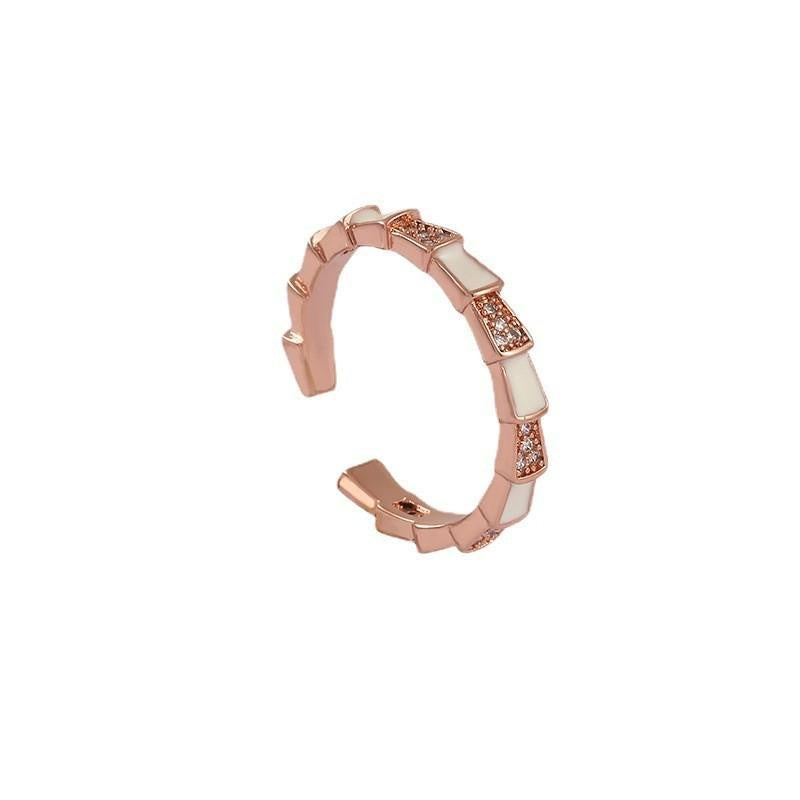 V-Gold Plated Snake Bone Ring with Genuine Mother-of-Pearl & Full Pavé Diamonds | Elegant Adjustable Statement Jewelry
