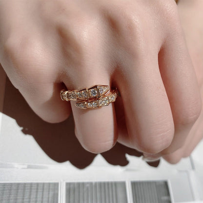 V-Gold Plated Snake Bone Ring with Genuine Mother-of-Pearl & Full Pavé Diamonds | Elegant Adjustable Statement Jewelry