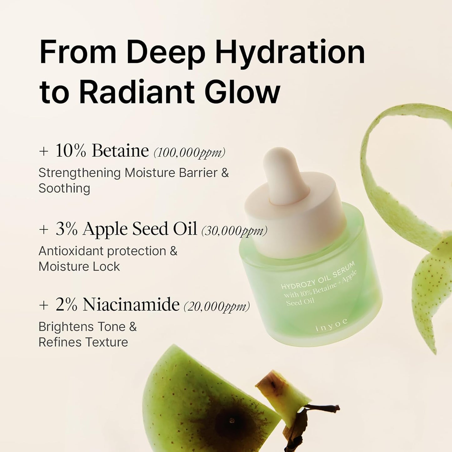 inyoe Hydrozy Oil Serum with 10% Betaine + Apple Seed Oil, Dual Layer Hydrating Serum, Lightweight Non Sticky Finish, Makeup Ready Glow, Korean Skin Care, 1.01 fl oz