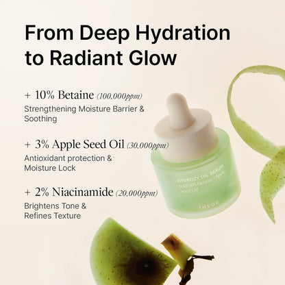 inyoe Hydrozy Oil Serum with 10% Betaine + Apple Seed Oil, Dual Layer Hydrating Serum, Lightweight Non Sticky Finish, Makeup Ready Glow, Korean Skin Care, 1.01 fl oz