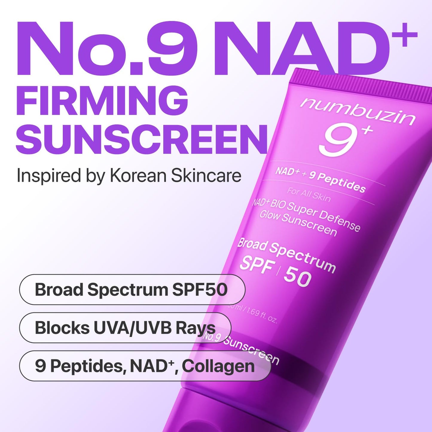 numbuzin No.9 Sunscreen | Super Defense Glow Sunscreen | Broad Spectrum SPF 50 | For All Skin Types & Skin Tones | Glowing, Dewy Finish, Water-Resistant | No White Cast, Korean Skincare | 1.69 fl.oz.