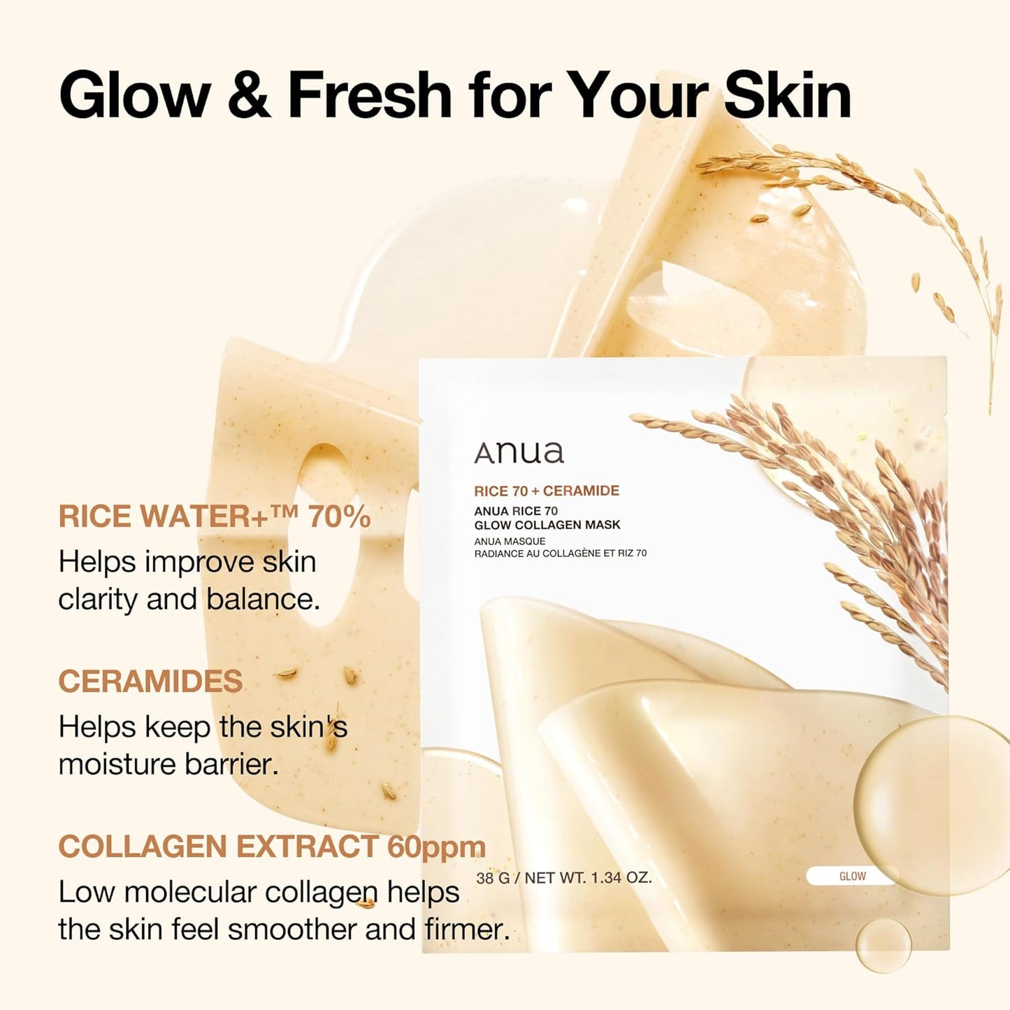ANUA RICE 70 GLOW COLLAGEN MASK 4ea