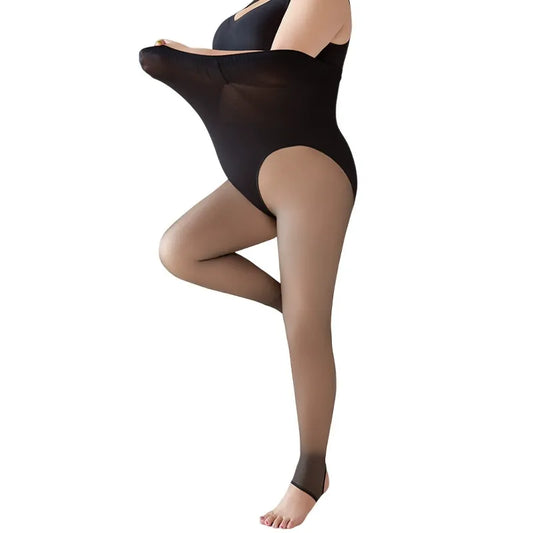 Plus-size black sheer leggings, women's see-through, flesh-toned, high-waisted, fleece-lined, plus-size leggings.