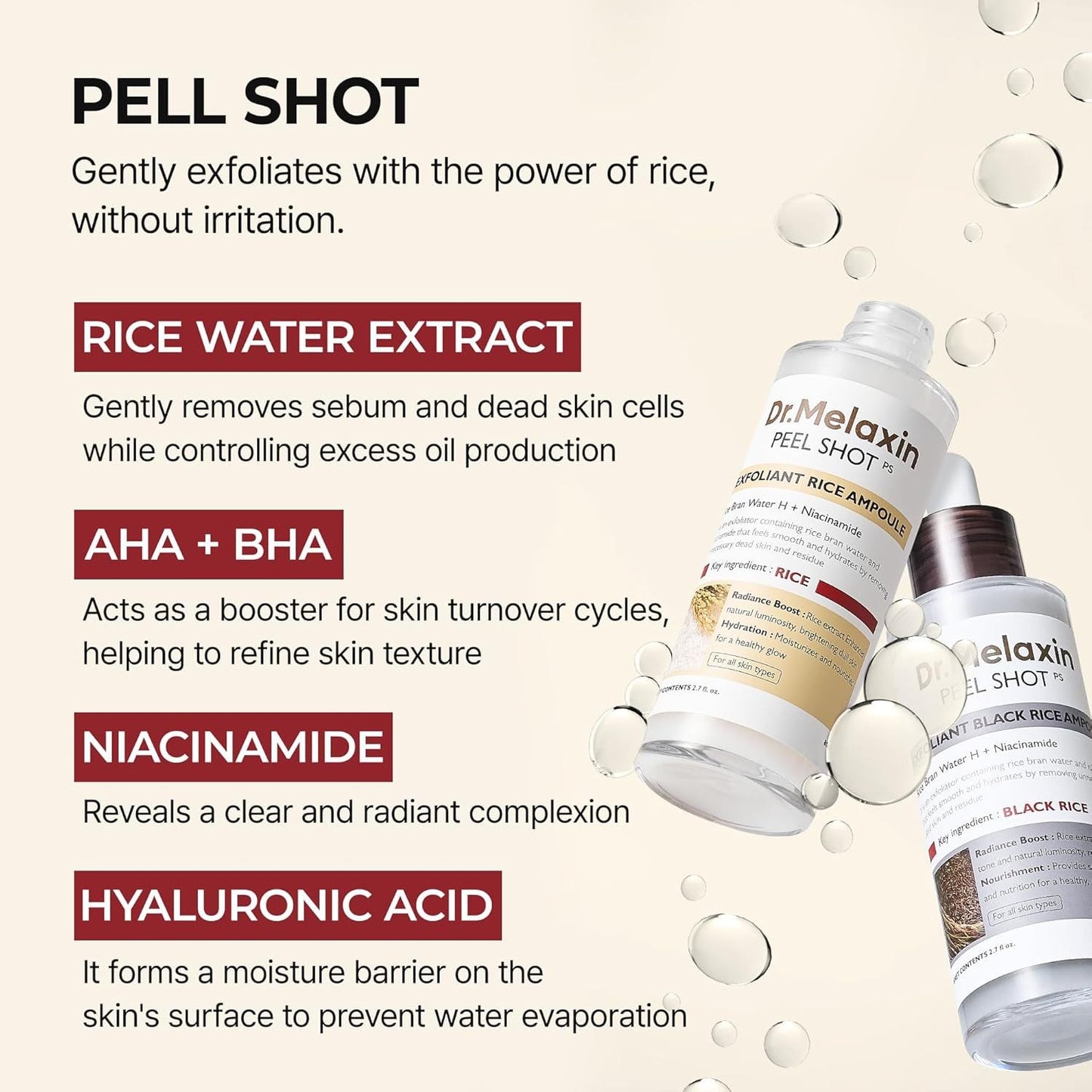 [Dr.Melaxin Official] Peel Shot Glow Rice Ampoule Duo - Serums for Brightening, Exfoliating, and Moisturizing - Suitable for All Skin Types