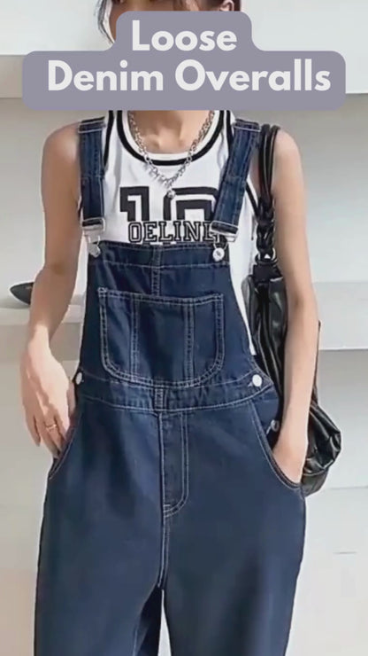 Women’s Vintage Loose Denim Overalls, Slimming Wide-Leg Jumpsuit, Retro Straight-Leg Suspender Pants for Petite Figures