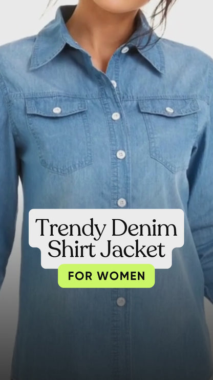 Washed Denim Shirt Jacket for Women, Trendy Irregular Pocket Design, Casual Oversized Jean Outerwear