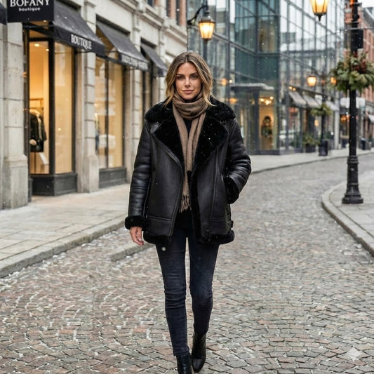 Luxury Shearling Leather Jacket Women's Black Faux Fur Coat Vintage Biker Style Winter Warm Oversized Outerwear